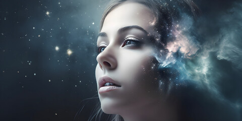 Beautiful female face on space background, AI generated