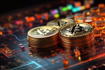 Stack of coins Bit coin, a new concept of virtual money, crypto currency digital background. gold coin generative ai