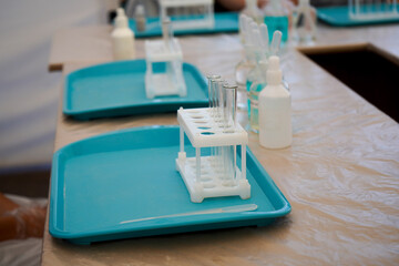 At the school chemistry lab, chemistry lesson. Concept: back to school. Flatlay, top view.