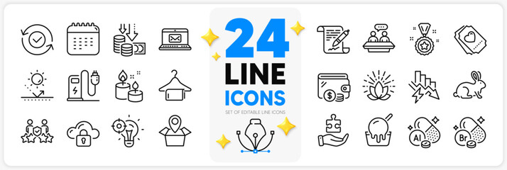 Icons set of Charging station, Calendar and Saving electricity line icons pack for app with Aluminium mineral, E-mail, Aroma candle thin outline icon. Security confirmed, Bromine mineral. Vector - obrazy, fototapety, plakaty