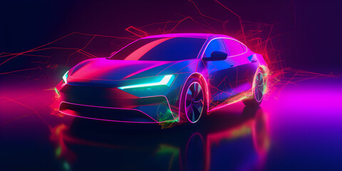 Obraz na płótnie Canvas Electric car futuristic neon banner on dark background. AI generated