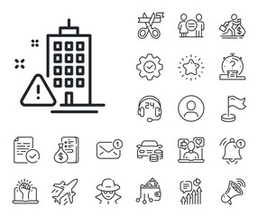 Attention triangle sign. Salaryman, gender equality and alert bell outline icons. Building construction warning line icon. Caution house symbol. Building warning line sign. Vector