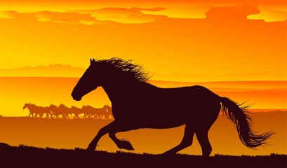 Obraz na płótnie Canvas silueta de cabajllo, caballo, paisaje, atardecer, vectores, galope, montaña, lienzo, colinas, horizonte