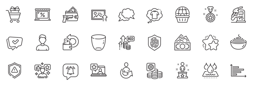 Icons pack as Success, Armed robbery and Headshot line icons for app include Bid offer, Cash back, Approved outline thin icon web set. Shopping trolley, Making money, Glass pictogram. Vector