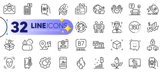 Outline set of Support consultant, Lock and Air conditioning line icons for web with Award app, Seo gear, Energy price thin icon. Hypoallergenic tested, Eco power. Design with yellow 3d stars. Vector