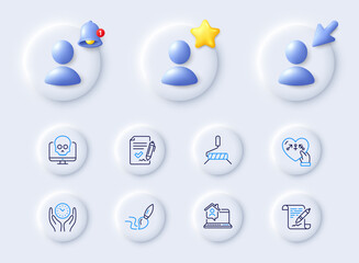 Safe time, Approved agreement and Cyber attack line icons. Placeholder with 3d cursor, bell, star. Pack of Work home, Brush, Agreement document icon. Genders, Paint roller pictogram. Vector