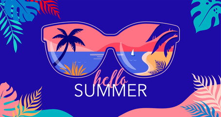 Fototapeta na wymiar Summer fun concept design. Creative background of landscape, panorama of sea and summer beach on sunglasses. Summer sale, post template with jungle leaves frame