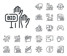 Auction sign. Floor plan, stairs and lounge room outline icons. Bid offer line icon. Raise the price up symbol. Bid offer line sign. House mortgage, sell building icon. Real estate. Vector