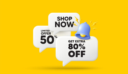Get Extra 80 percent off Sale. 3d offer chat speech bubbles. Discount offer price sign. Special offer symbol. Save 80 percentages. Extra discount speech bubble 3d message. Vector - obrazy, fototapety, plakaty