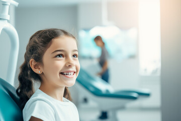 Fototapeta premium Young girl smiles at dentist, young girl sitting in dental office.