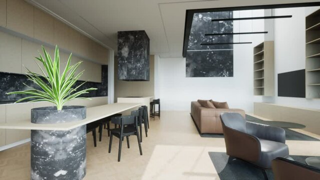 trendy modern design apartment with large high windows. The stylish living room and kitchen in bright colors