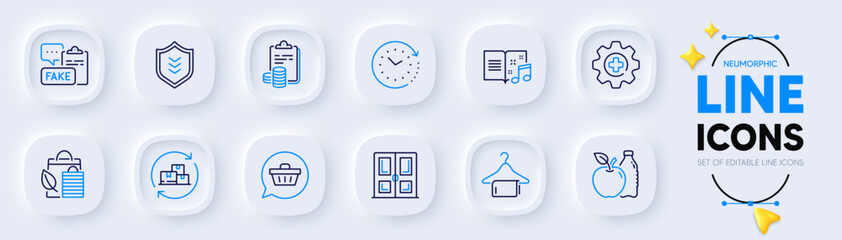 Accounting, Bio shopping and Time change line icons for web app. Pack of Clean towel, Door, Shield pictogram icons. Fake document, Delivery change, Music book signs. Shopping cart, Apple. Vector