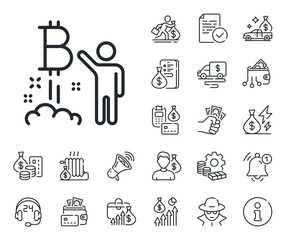 Cryptocurrency startup sign. Cash money, loan and mortgage outline icons. Bitcoin line icon. Crypto project symbol. Bitcoin project line sign. Credit card, crypto wallet icon. Vector