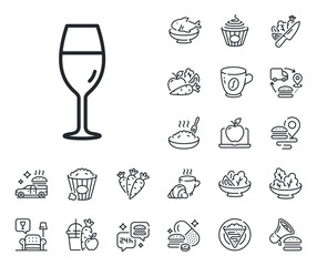 Burgundy glass sign. Crepe, sweet popcorn and salad outline icons. Wine glass line icon. Wineglass line sign. Pasta spaghetti, fresh juice icon. Supply chain. Vector