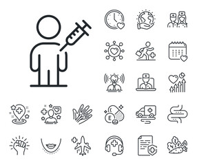 Vaccine syringe sign. Online doctor, patient and medicine outline icons. People vaccination line icon. Man jabbed symbol. People vaccination line sign. Vector