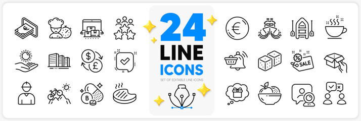 Fototapeta na wymiar Icons set of People voting, Sun protection and Dice line icons pack for app with Boat, Engineer, Gift dream thin outline icon. Sale, Video conference, Currency exchange pictogram. Vector