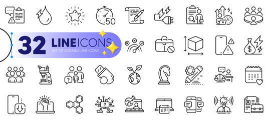 Outline set of Inspect, Timer and Calendar line icons for web with Jobless, Meeting, Hydroelectricity thin icon. Healthcare calendar, Difficult stress, Project edit pictogram icon. Vector