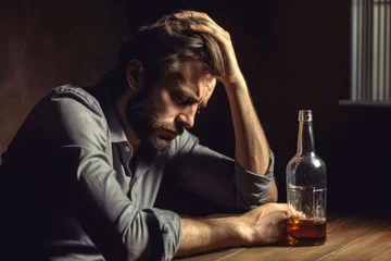 Poster Drinking or alcohol abuse problem. Man sitting at desk with alcoholic drink, looking tired and sad. Generative AI © Lubo Ivanko