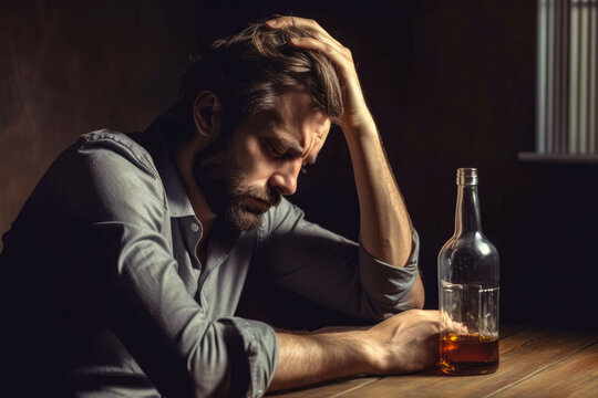 Drinking or alcohol abuse problem. Man sitting at desk with alcoholic drink, looking tired and sad. Generative AI
