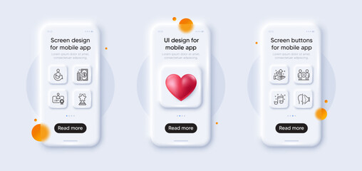 Ethics, Face id and Analysis graph line icons pack. 3d phone mockups with heart. Glass smartphone screen. Payment, Share, Musical note web icon. Winner, Certificate pictogram. Vector