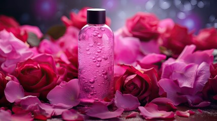 Skincare bottle mockup with roses. Illustration AI Generative