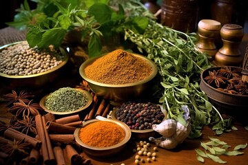 Aromatic herbs and spices enhancing the flavors of nourishing dishes. Generative AI