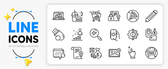 Pencil, Touchscreen gesture and Web inventory line icons set for app include Security contract, Flash memory, Fake news outline thin icon. Calendar, Transform, Stats pictogram icon. Vector