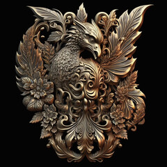 bird animal with metal floral ornament pattern decoration 3d illustration