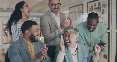 Business people, computer and staff with celebration, promotion and winning with success, applause and high five. Group, coworkers and team with a pc, productivity and achievement with company growth