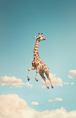 Funny giraffe jumping high in air, looks like flying above clouds. Generative AI