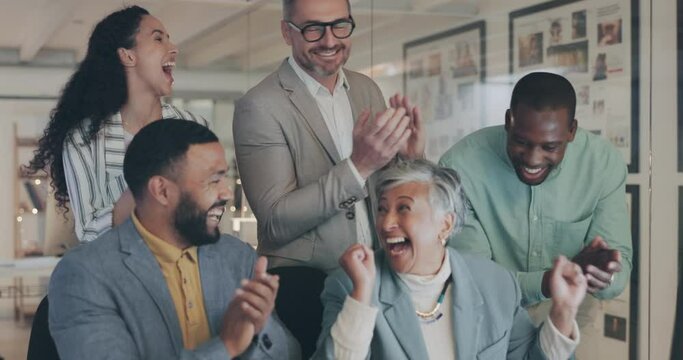 Business people, computer and staff with celebration, promotion and winning with success, applause and high five. Group, coworkers and team with a pc, productivity and achievement with company growth