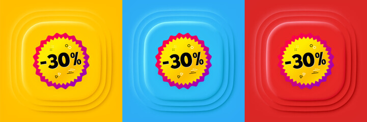 Sale 30 percent off banner. Neumorphic offer banner, flyer or poster. Discount sticker shape. Coupon bubble icon. Sale 30 percent promo event banner. 3d square buttons. Special deal coupon. Vector