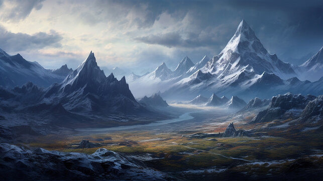 Towering mountains range snow peak frozen alaska illustration image AI generated art