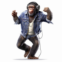 chimpanzee 3d action using headphone realistic illustration
