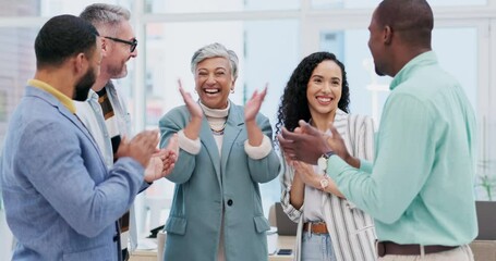 Creative people, meeting and applause in celebration for winning, team achievement or unity at the office. Group of happy employees clapping in success for teamwork, promotion or startup at workplace