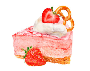 Watercolor illustration of a slice of strawberry cheesecake with whipped cream and berries, isolated on a white background