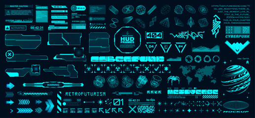 Hi-tech elements and HUD interface. Cyberpunk and retrofuturistic graphic box. Digital arts, typeface, 3D geometric shapes, icons, wireframe x-ray, HUD, UI, UX frames. Vector futuristic graphic set - obrazy, fototapety, plakaty