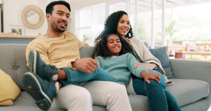Family, girl kid and parents watching tv on sofa in home for movies, film broadcast and relax in living room. Mom, dad and talking to happy child with television media, show or streaming subscription