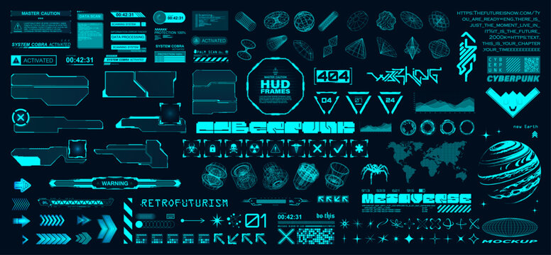Hi-tech elements and HUD interface. Cyberpunk and retrofuturistic graphic box. Digital arts, typeface, 3D geometric shapes, icons, wireframe x-ray, HUD, UI, UX frames. Vector futuristic graphic set
