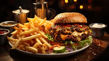 Irresistible Gourmet Delight: Close-Up of an Appetizing American Hamburger with Crispy Fries and Savory Sauce, Perfect for Elite Restaurant Menus.