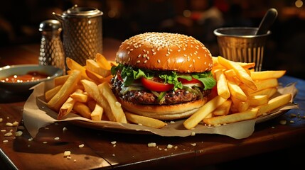 Gourmet Delight: Close-Up of an Irresistible American Hamburger with Crispy Fries and Savory Sauce, Perfect for Elite Restaurant Menus.