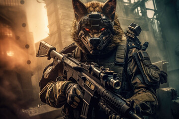 Animal in body armor and with a machine gun. Beast in an armor with glowing eyes. Generative AI