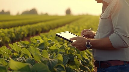Modern Technology in Agriculture: Agronomist Utilizing Tablet for Agricultural Analysis. - obrazy, fototapety, plakaty