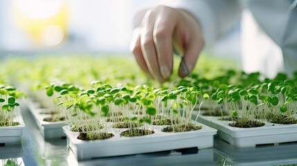 Greenhouse Quality Control: Senior Scientist Monitoring Optimized Cress Sprouts for Consumption.