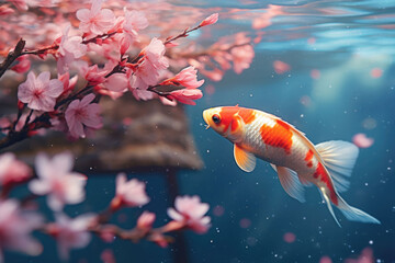 Koi fish swimming in a pond under a cherry tree. Cherry blossoms land in a lake. Generative AI