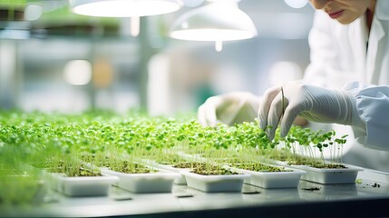 Expert overseeing high-quality cress sprouts in greenhouse. Senior scientist ensuring optimal growth and quality control. Greenhouse cultivation, agriculture, and scientific research concept