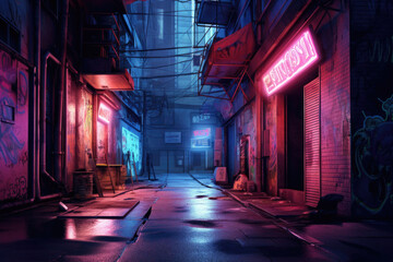 City alleyway with neon lights. Night view of a quiet street. Generative AI