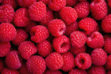 Background of fresh sweet red raspberries arranged together. Concept of healthy diet. Generative AI