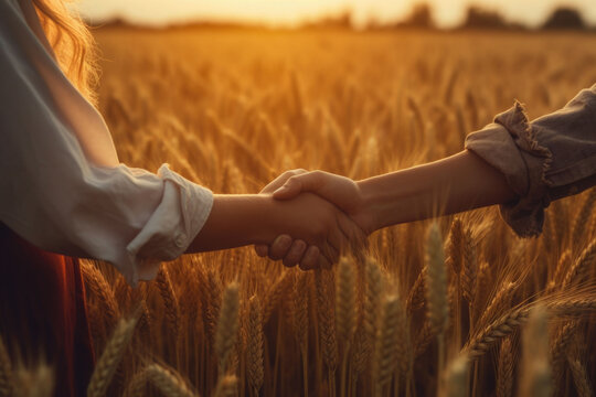 Farmer handshake with partner on the wheat corp, close up. Generative AI