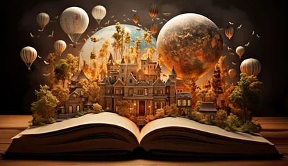 Fototapete Fantasielandschaft Fantasy world inside of the book. Concept of education imagination and creativity from reading books. 